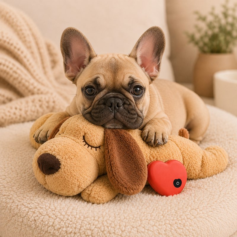 French bulldog puppy cuddling the Calming Frenchie Heartbeat Toy plush with red heartbeat module