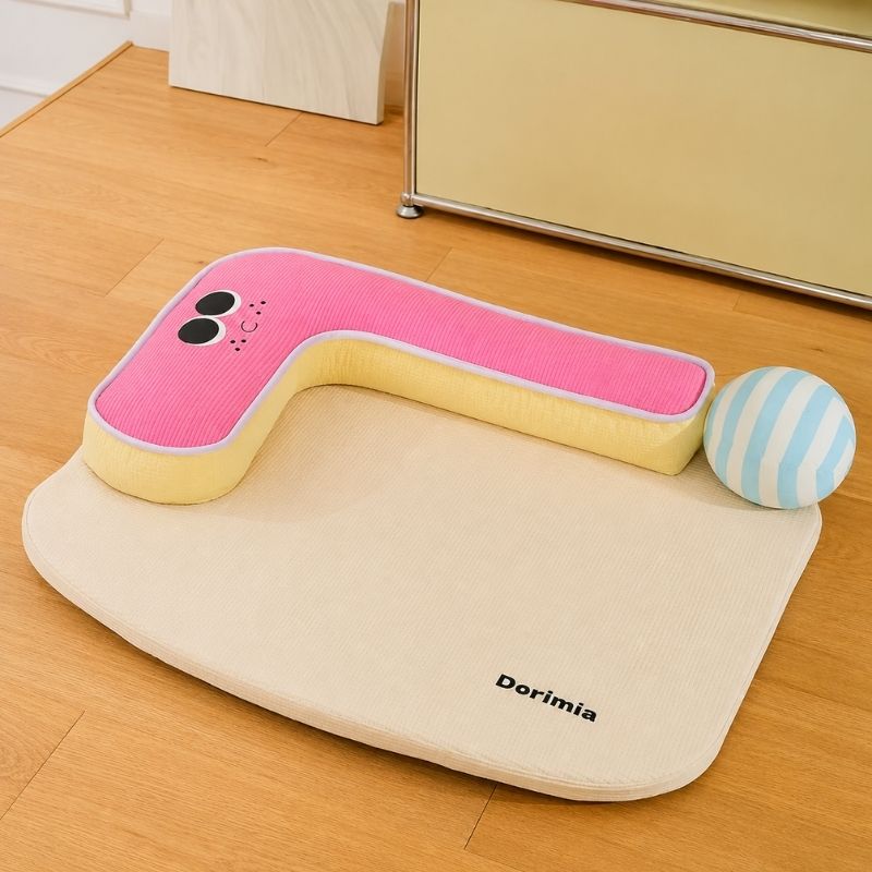 Pink Summer Frenchie Cooling Bed top view with raised headrest and ball pillow