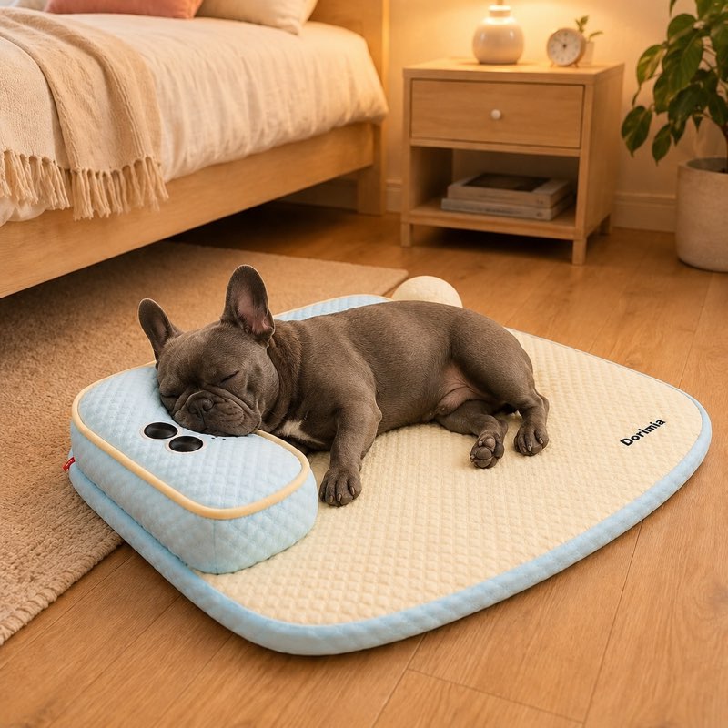 French Bulldog sleeping on the Blue Summer Frenchie Cooling Bed with raised headrest
