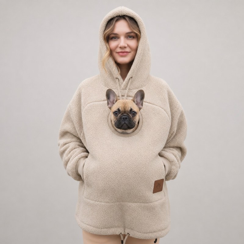 Beige Sherpa French Bulldog Carrier Hoodie on a model with a Frenchie peeking out of the pouch