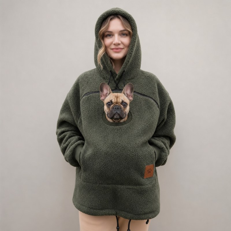 Green Sherpa French Bulldog Carrier Hoodie on a model with a Frenchie peeking out of the pouch