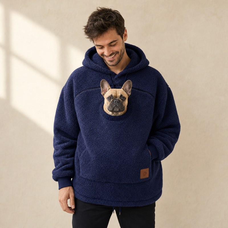 Man wearing the navy blue Sherpa French Bulldog Carrier Hoodie and smiling at the Frenchie in the front pouch