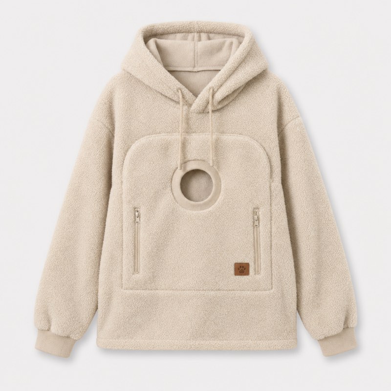 Front view of the beige Sherpa French Bulldog Carrier Hoodie with the round pouch opening and two zippered side pockets